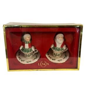 Lenox 2008 Santa & Mrs. Claus Teacup Salt and Pepper Shakers Holly Berry Accents